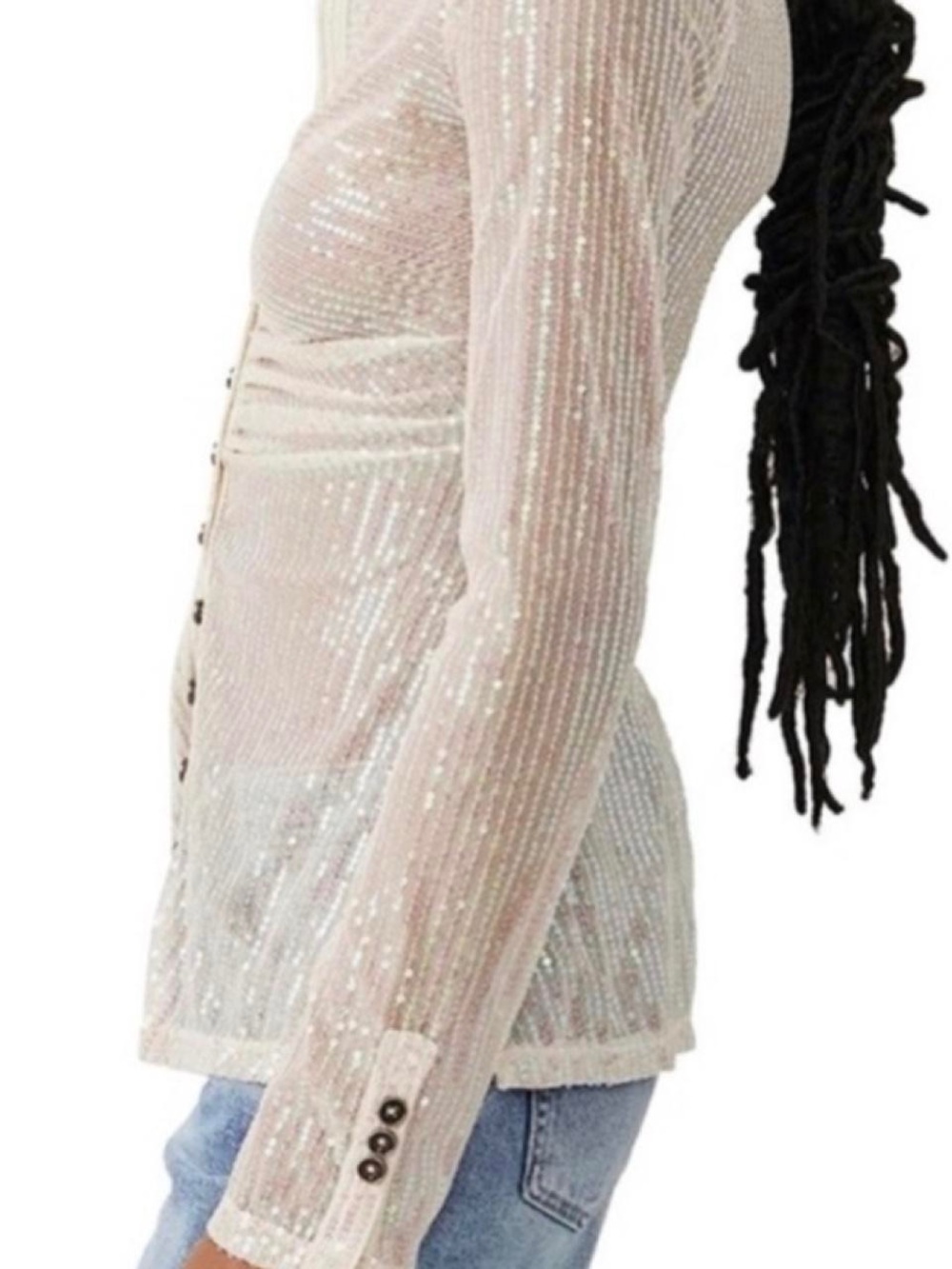 FREE PEOPLE- Sequin Ruched Button-Front Womens Top - Pink - Picture 2 of 6